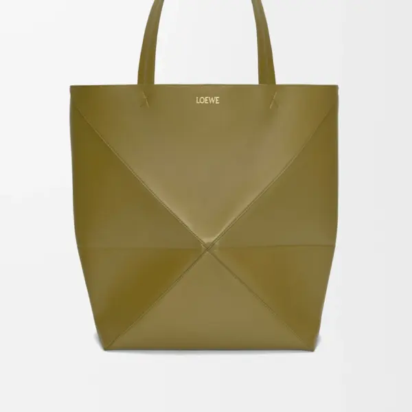 Loewe-羅意威 橄欖綠超大號亮面牛皮革 Puzzle Fold 購物袋
