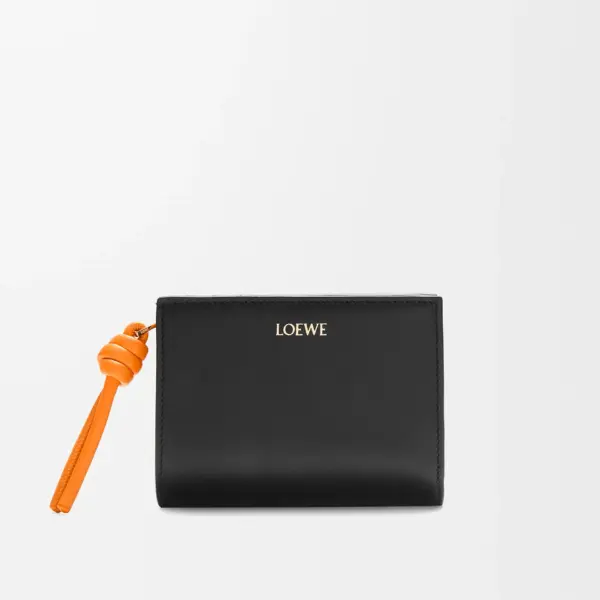 Loewe-羅意威 黑橙亮面納帕牛皮革繩結緊湊短夾