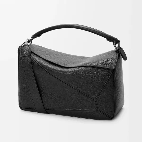 Loewe-羅意威 黑色大號柔軟粒面牛皮革 Puzzle 手拿包