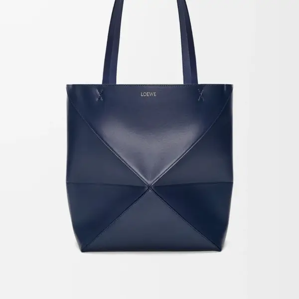 Loewe-羅意威 深邃藍中號亮面牛皮革 Puzzle Fold 購物袋