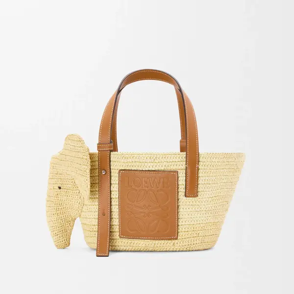 Loewe-羅意威 自然色 / 棕褐色小號拉菲草牛皮革小象 Basket 編織袋