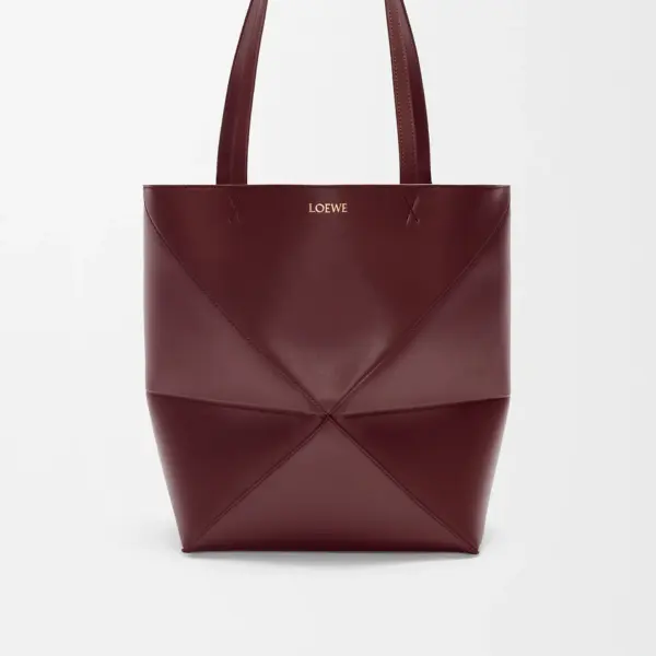 Loewe-羅意威 深酒紅中號亮面牛皮革 Puzzle Fold 購物袋