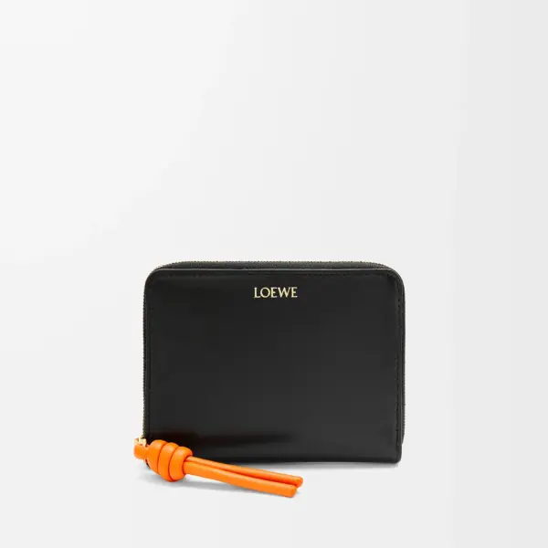 Loewe-羅意威 黑 / 橙亮面納帕牛皮革繩結拉鏈短夾