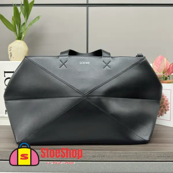 Loewe-羅意威 黑色特大號亮面牛皮革 Puzzle Fold 購物袋