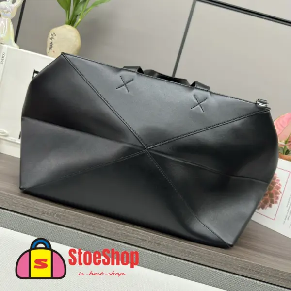 Loewe-羅意威 黑色特大號亮面牛皮革 Puzzle Fold 購物袋