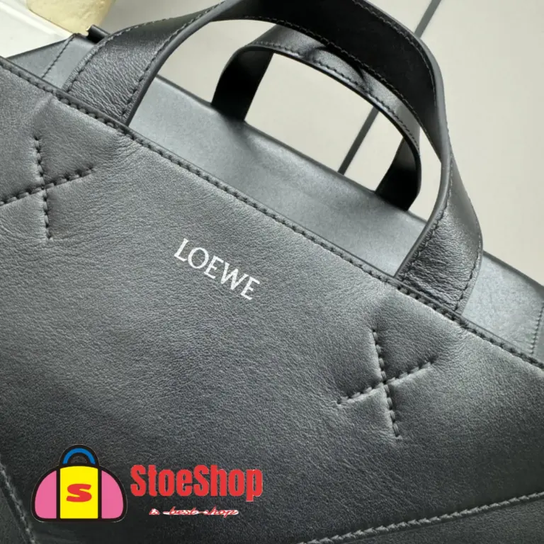 Loewe-羅意威 黑色特大號亮面牛皮革 Puzzle Fold 購物袋