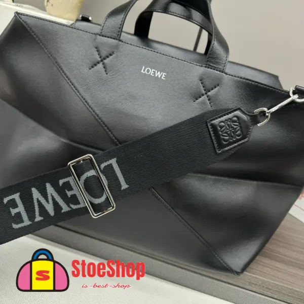 Loewe-羅意威 黑色特大號亮面牛皮革 Puzzle Fold 購物袋
