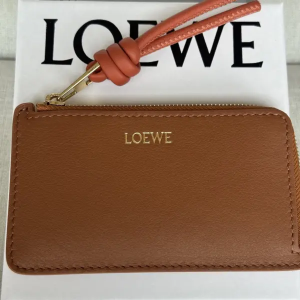 Loewe-羅意威 棕褐 / 木瓜色亮面納帕牛皮革繩結硬幣卡包