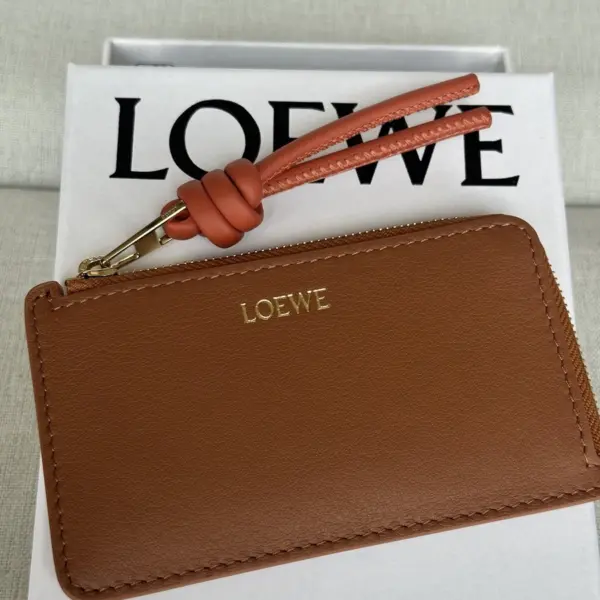 Loewe-羅意威 棕褐 / 木瓜色亮面納帕牛皮革繩結硬幣卡包