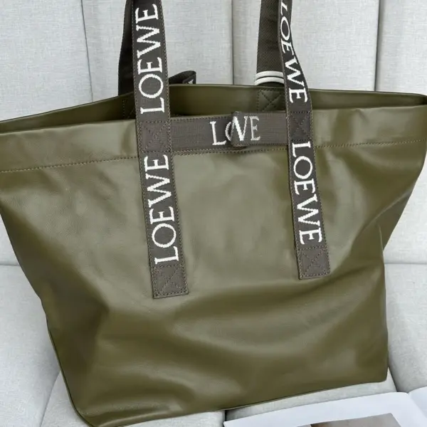Loewe-羅意威 橄欖綠紙紋牛皮革 Fold Shopper 購物袋