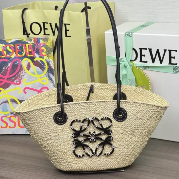 Loewe-羅意威 自然色 / 黑色小號伊拉卡棕櫚纖維 Anagram Basket 肩背包