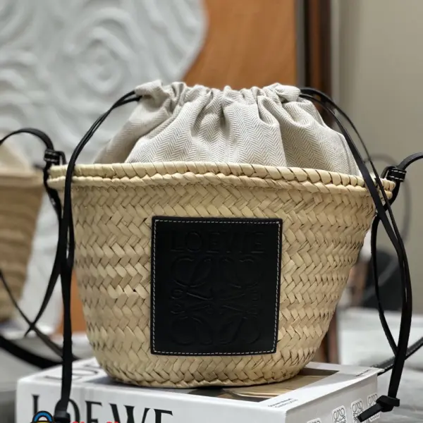 Loewe-羅意威 自然色 / 黑色棕櫚葉牛皮革抽繩水桶編織袋
