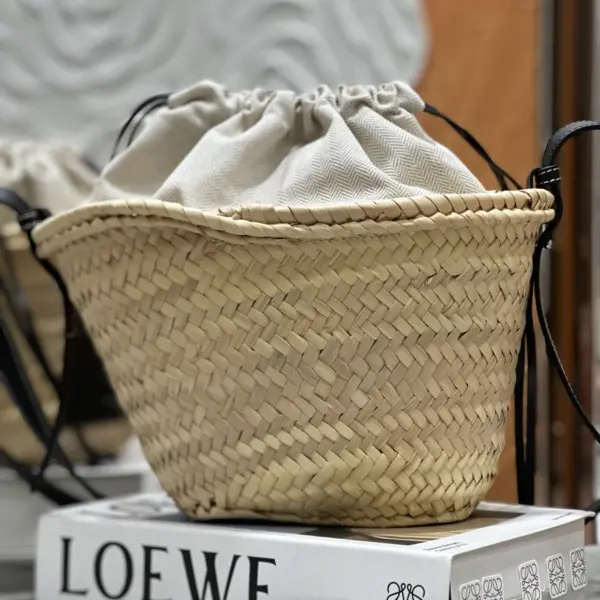 Loewe-羅意威 自然色 / 黑色棕櫚葉牛皮革抽繩水桶編織袋
