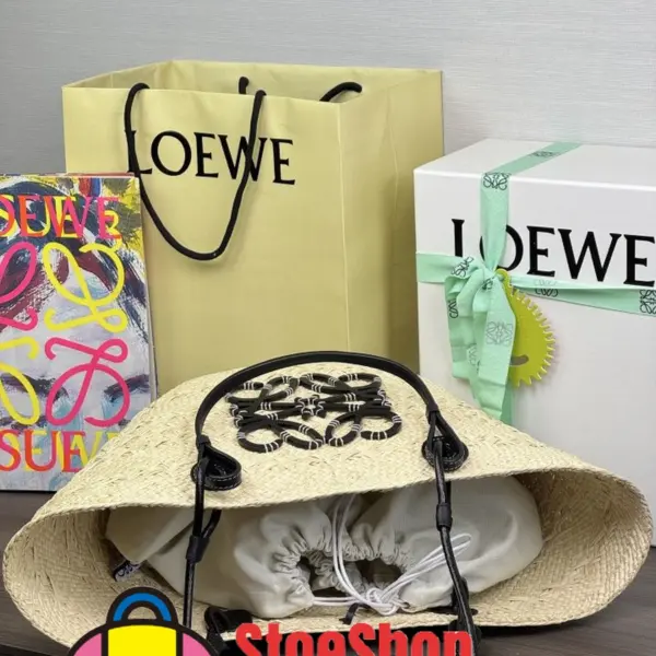 Loewe-羅意威 Anagram 系列 中號自然色 / 黑色伊拉卡棕櫚牛皮革肩背手袋