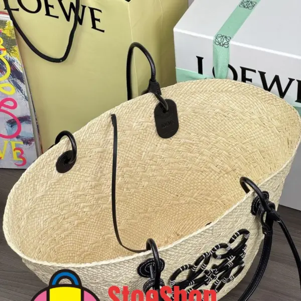 Loewe-羅意威 Anagram 系列 中號自然色 / 黑色伊拉卡棕櫚牛皮革肩背手袋