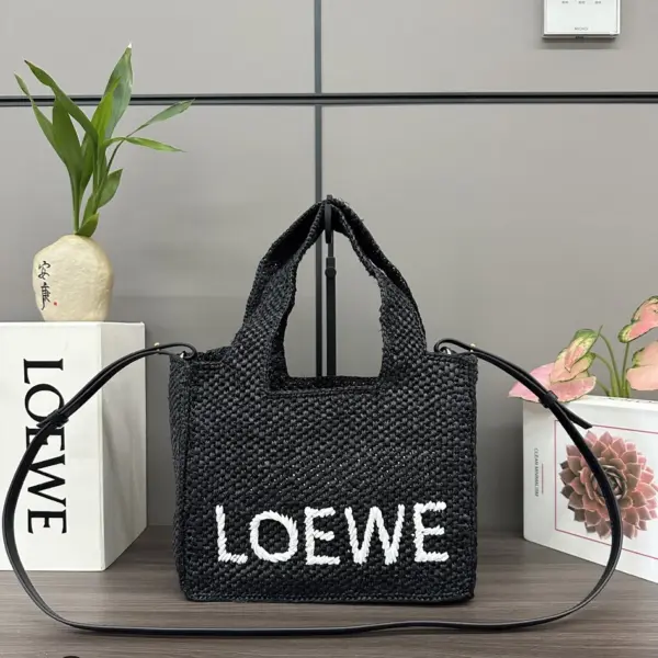 Loewe-羅意威 黑色迷你拉菲草 Font Tote 斜挎包