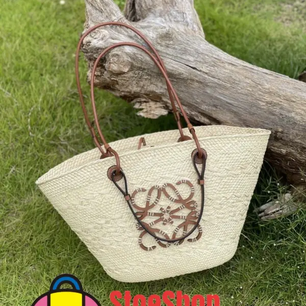 Loewe-羅意威 Anagram 系列 自然色 / 棕褐色大號伊拉卡棕櫚牛皮革肩背包