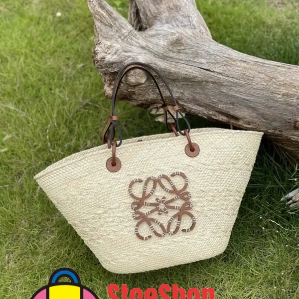 Loewe-羅意威 Anagram 系列 自然色 / 棕褐色大號伊拉卡棕櫚牛皮革肩背包