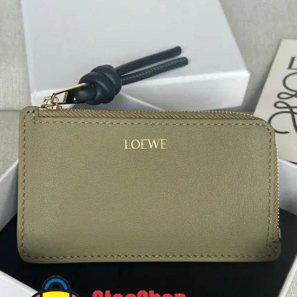 Loewe-羅意威 桉樹綠 / 深海軍藍亮面納帕牛皮革繩結硬幣卡包