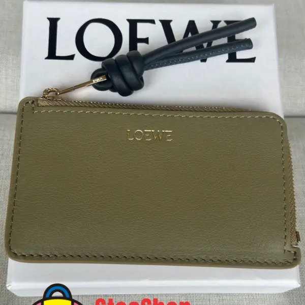 Loewe-羅意威 桉樹綠 / 深海軍藍亮面納帕牛皮革繩結硬幣卡包
