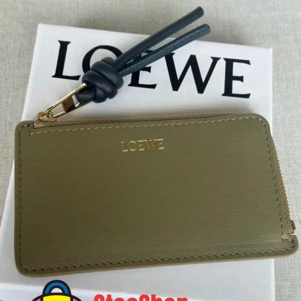 Loewe-羅意威 桉樹綠 / 深海軍藍亮面納帕牛皮革繩結硬幣卡包