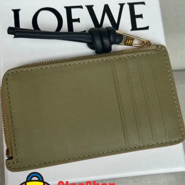 Loewe-羅意威 桉樹綠 / 深海軍藍亮面納帕牛皮革繩結硬幣卡包