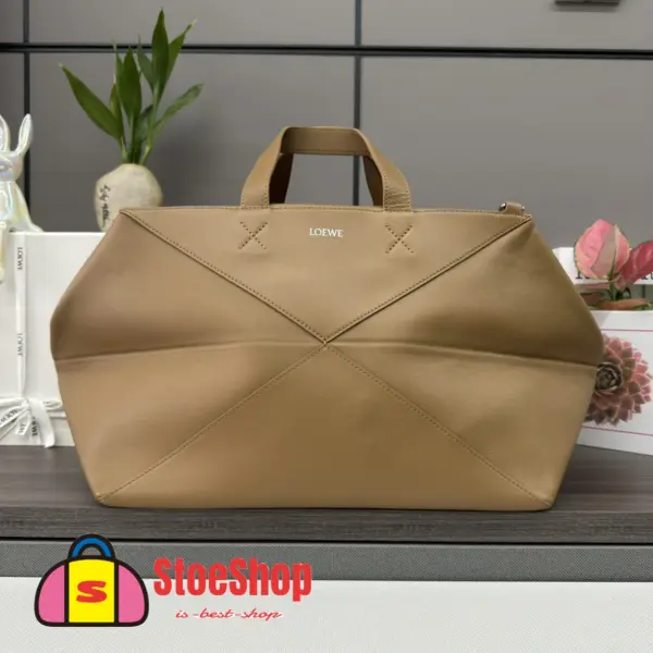 Loewe-羅意威 橡木棕特大號亮面牛皮革 Puzzle Fold 購物袋