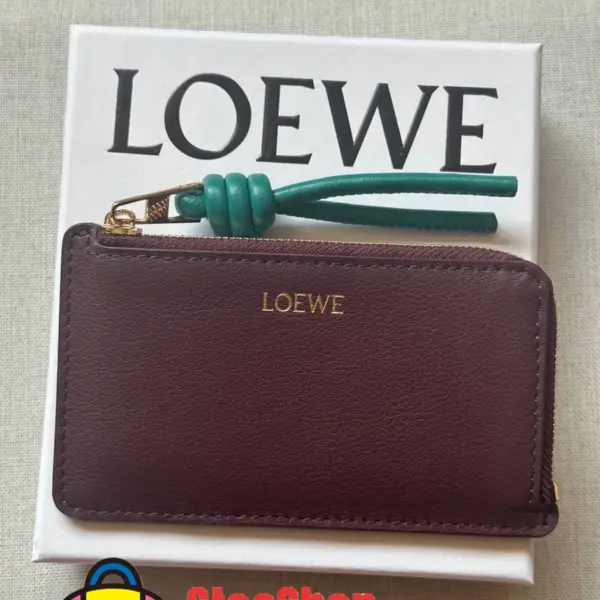 Loewe-羅意威 勃艮第紅 / 翡翠綠亮面納帕牛皮革繩結硬幣卡包