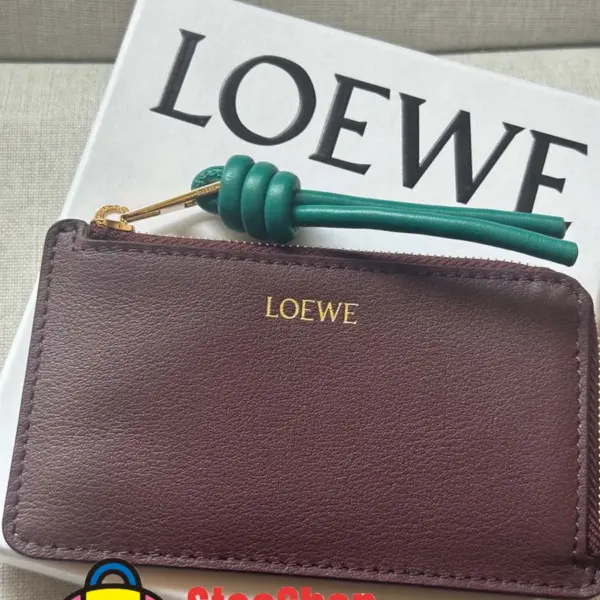 Loewe-羅意威 勃艮第紅 / 翡翠綠亮面納帕牛皮革繩結硬幣卡包