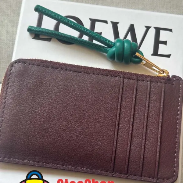 Loewe-羅意威 勃艮第紅 / 翡翠綠亮面納帕牛皮革繩結硬幣卡包