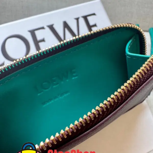 Loewe-羅意威 勃艮第紅 / 翡翠綠亮面納帕牛皮革繩結硬幣卡包
