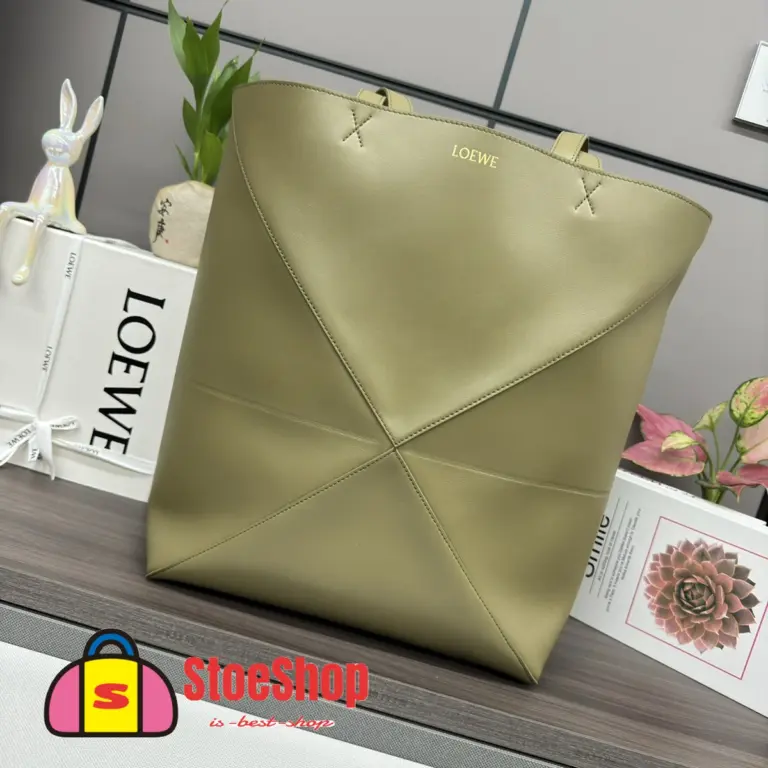 Loewe-羅意威 橄欖綠超大號亮面牛皮革 Puzzle Fold 購物袋