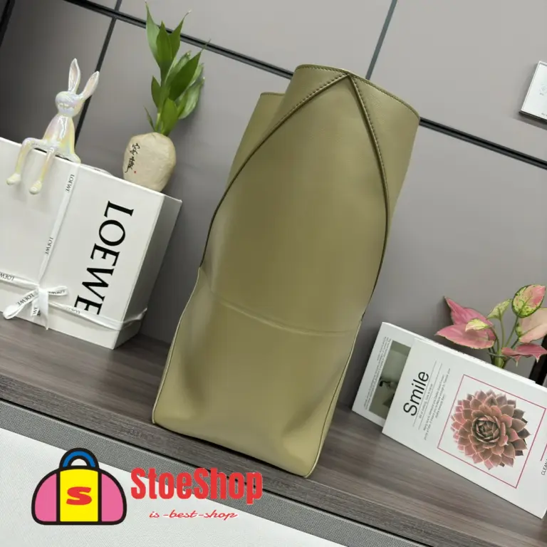 Loewe-羅意威 橄欖綠超大號亮面牛皮革 Puzzle Fold 購物袋