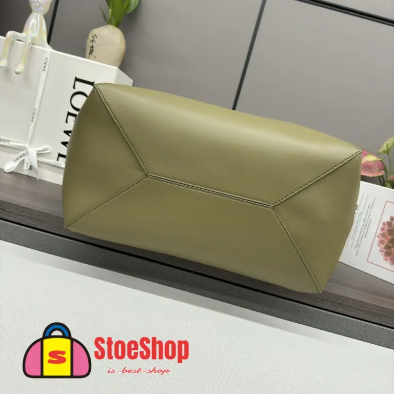 Loewe-羅意威 橄欖綠超大號亮面牛皮革 Puzzle Fold 購物袋