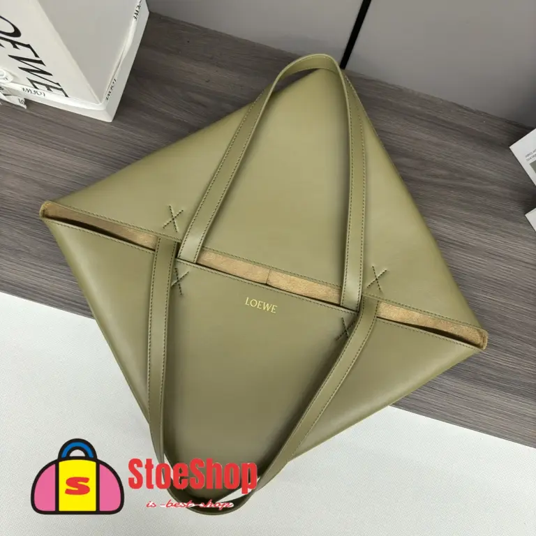 Loewe-羅意威 橄欖綠超大號亮面牛皮革 Puzzle Fold 購物袋