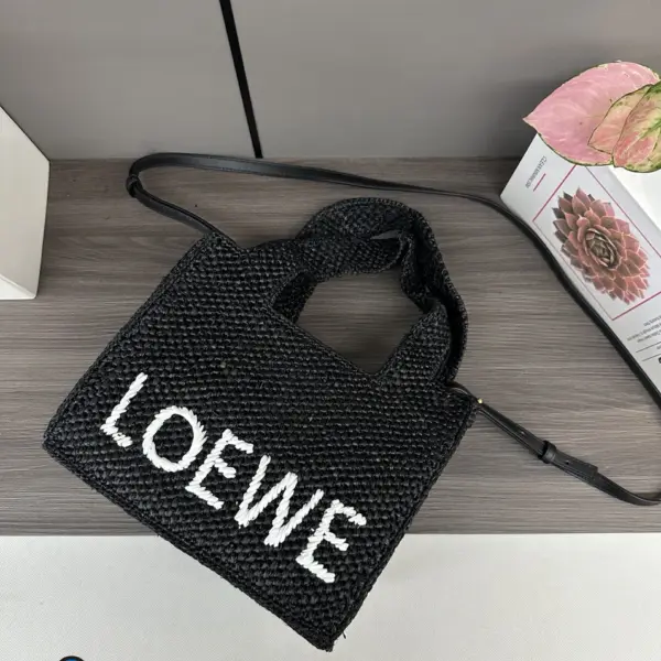 Loewe-羅意威 黑色中號酒椰纖維 Font Tote 斜挎包