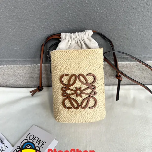 Loewe-羅意威 伊拉卡系列 自然色 / 棕褐色棕櫚纖維牛皮革方形手拿包
