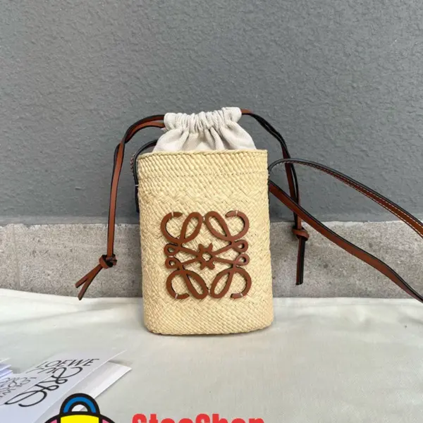 Loewe-羅意威 伊拉卡系列 自然色 / 棕褐色棕櫚纖維牛皮革方形手拿包