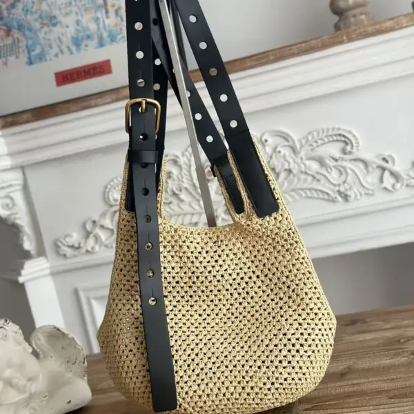 Loewe-羅意威 自然色小號拉菲草 Punch Hole Hobo 手拿包