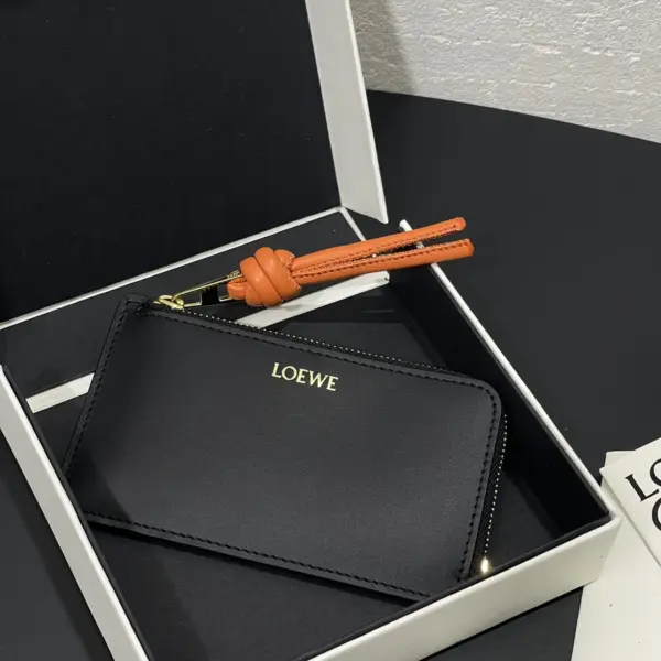 Loewe-羅意威 黑橙亮面納帕牛皮革繩結硬幣短夾