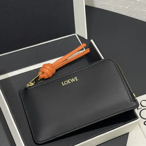 Loewe-羅意威 黑橙亮面納帕牛皮革繩結硬幣短夾