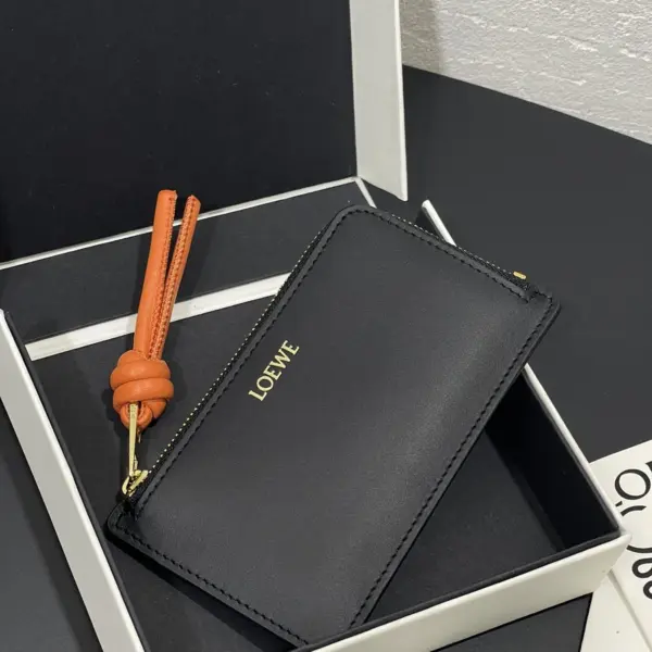 Loewe-羅意威 黑橙亮面納帕牛皮革繩結硬幣短夾