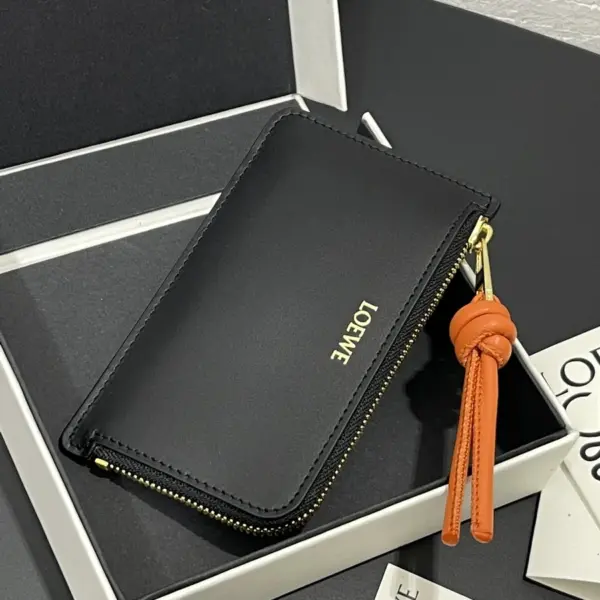 Loewe-羅意威 黑橙亮面納帕牛皮革繩結硬幣短夾