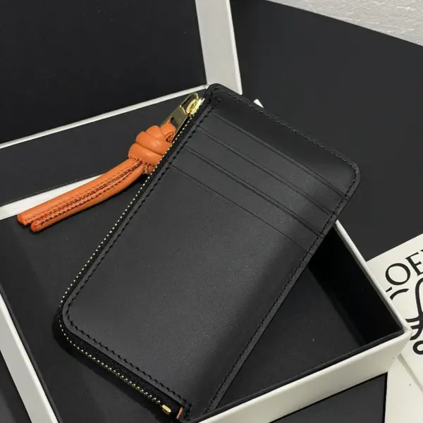 Loewe-羅意威 黑橙亮面納帕牛皮革繩結硬幣短夾