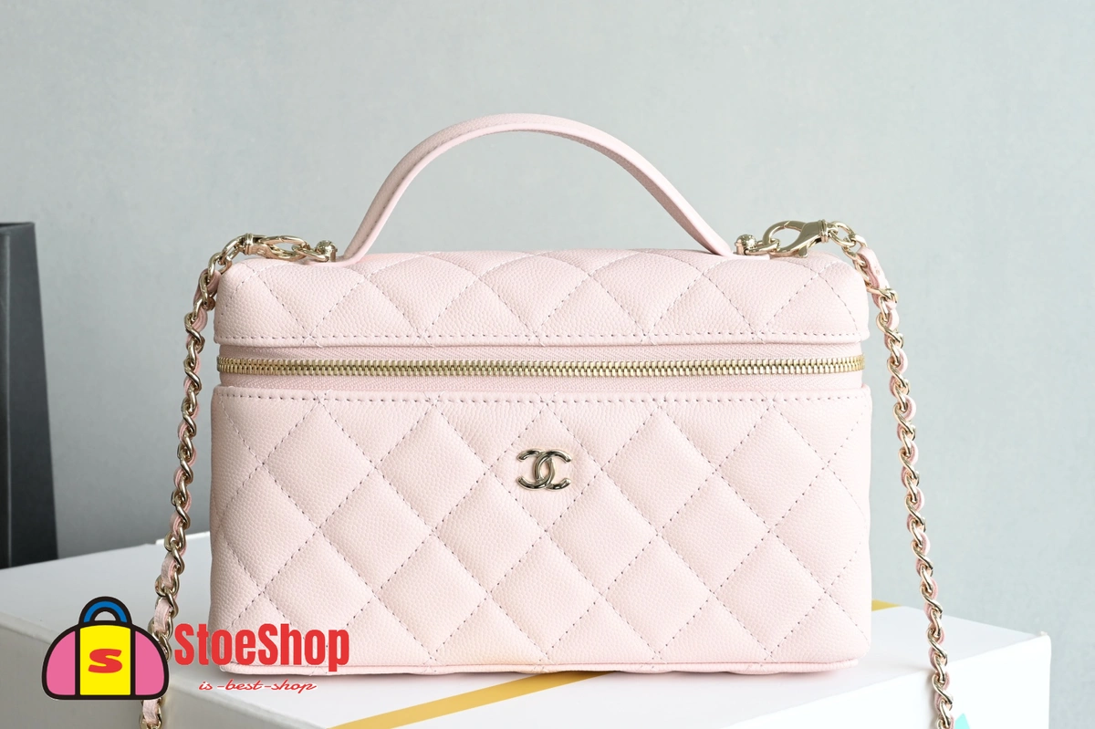 高仿香奈兒/Chanel Vanity Case 菱格紋方盒型鏈條斜挎包 粉色