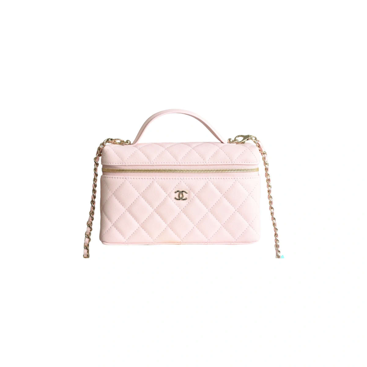 高仿香奈兒/Chanel Vanity Case 菱格紋方盒型鏈條斜挎包 粉色
