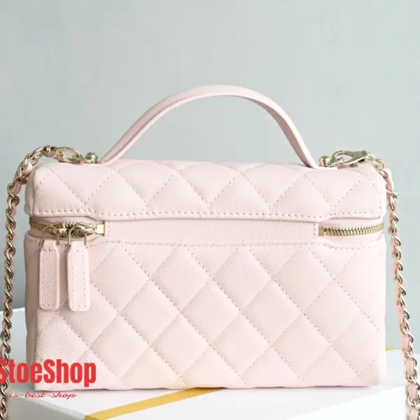 高仿香奈兒/Chanel Vanity Case 菱格紋方盒型鏈條斜挎包 粉色