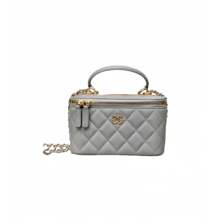 高仿香奈兒/Chanel Vanity Case系列 淺灰色方形菱格紋化妝包