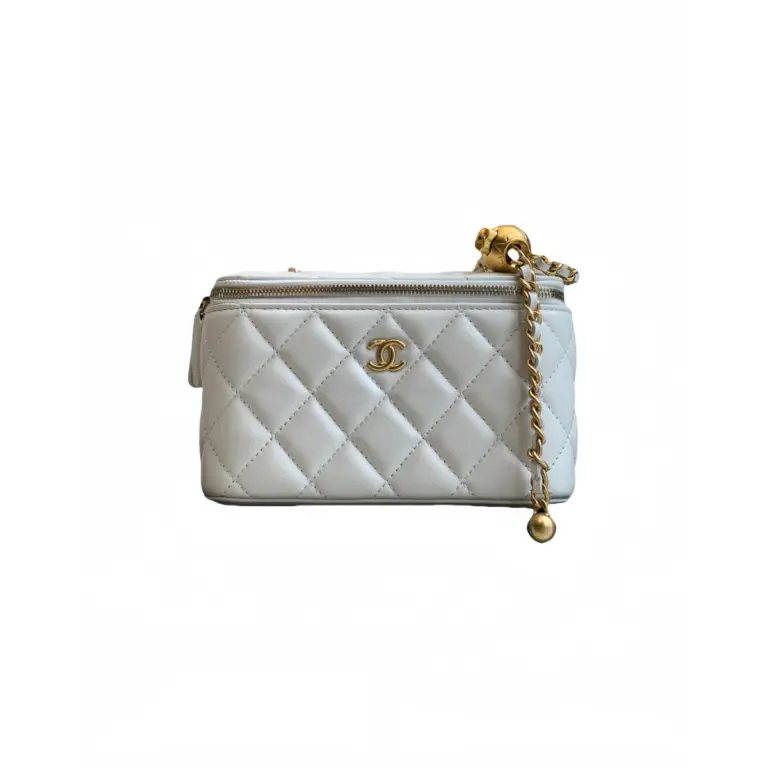 高仿香奈兒/Chanel Vanity Case 菱格紋白色手拿包/化妝包（帶肩帶）
