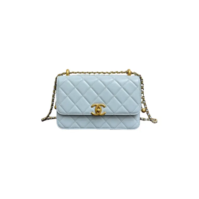 高仿香奈兒/Chanel 19系列翻蓋式菱形格紋鏈條單肩包淡藍色